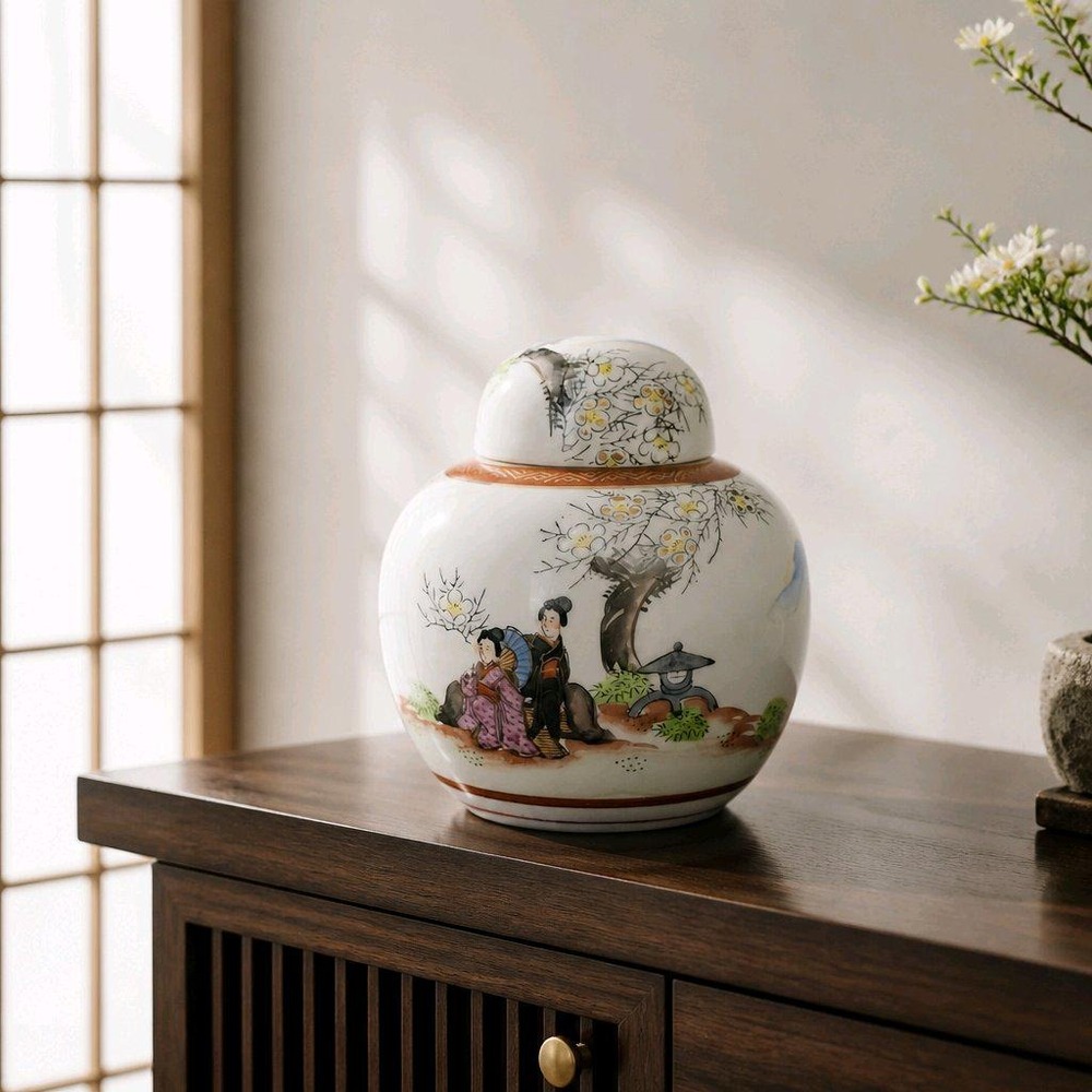 Midcentury Kutani Porcelain Ginger Jar Gold Accents Hand-painted Japan